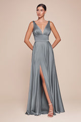 A-line dress features a deep V-neckline and an empire waistline