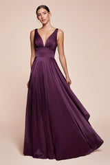 A-line dress features a deep V-neckline and an empire waistline