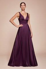 A-line dress features a deep V-neckline and an empire waistline