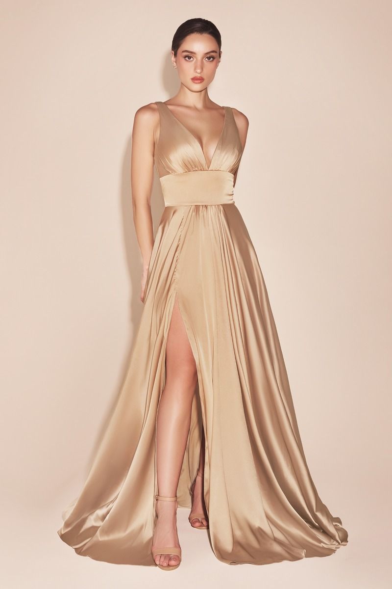 A-line dress features a deep V-neckline and an empire waistline