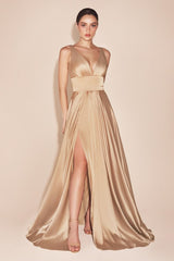 A-line dress features a deep V-neckline and an empire waistline