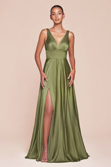 A-line dress features a deep V-neckline and an empire waistline