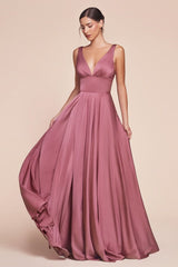 A-line dress features a deep V-neckline and an empire waistline