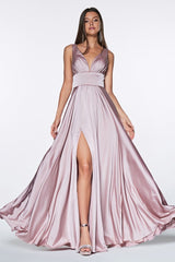 A-line dress features a deep V-neckline and an empire waistline