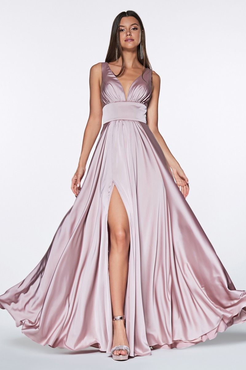 A-line dress features a deep V-neckline and an empire waistline