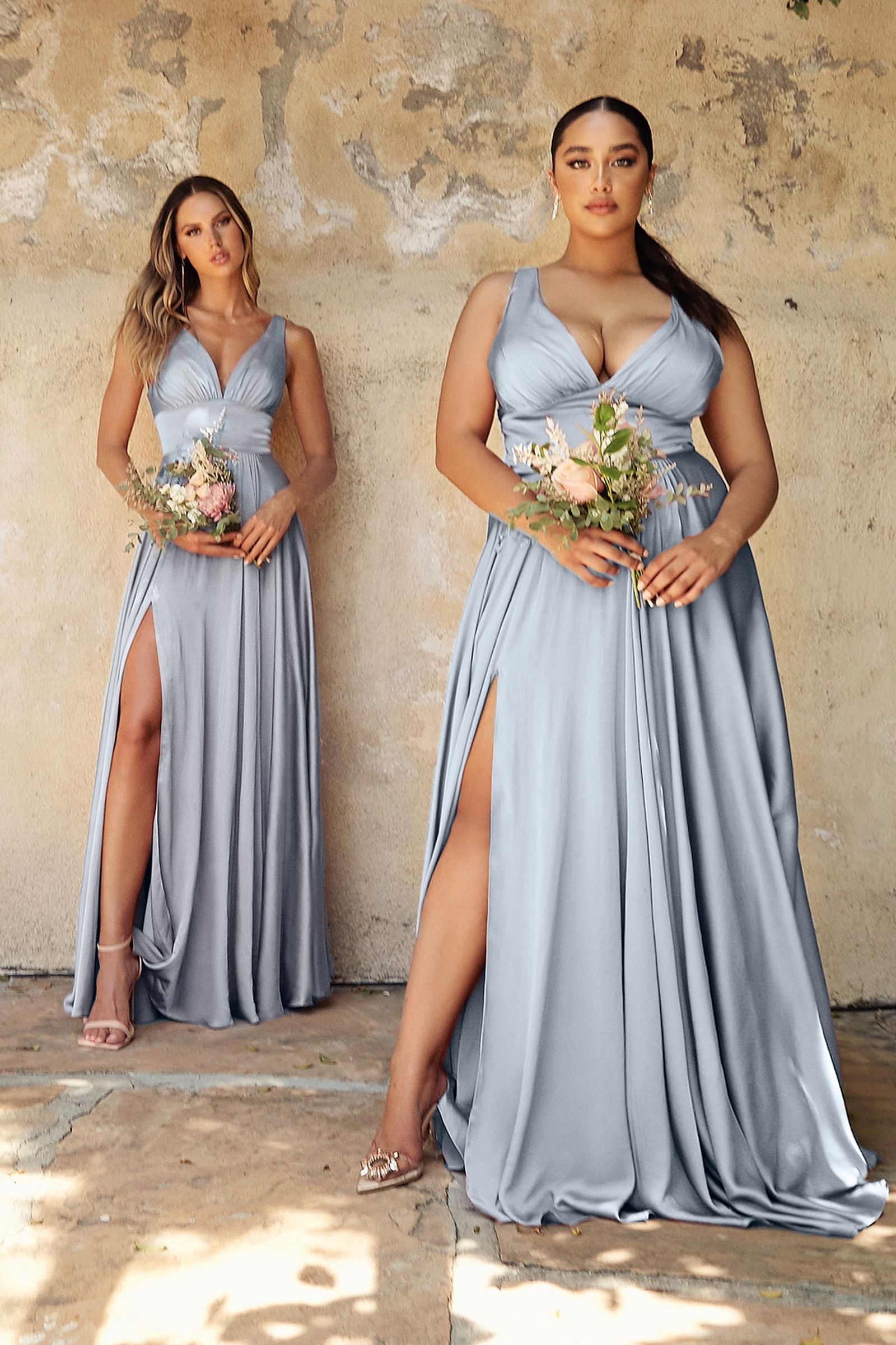 A-line dress features a deep V-neckline and an empire waistline