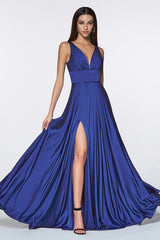 A-line dress features a deep V-neckline and an empire waistline