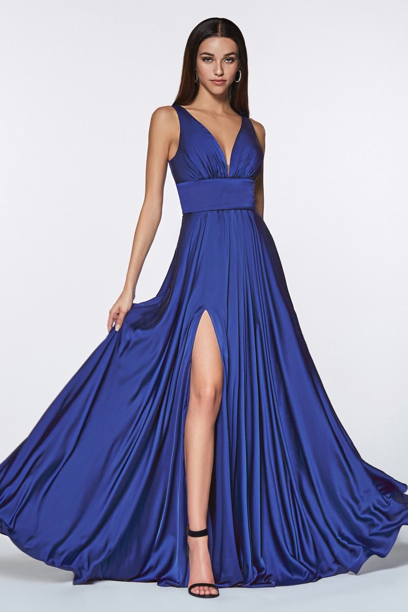 A-line dress features a deep V-neckline and an empire waistline