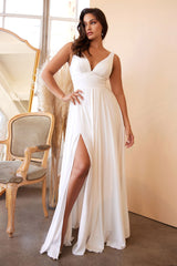 A-line dress features a deep V-neckline and an empire waistline