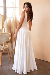 A-line dress features a deep V-neckline and an empire waistline