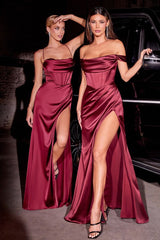 structured boned bodice is draped with a cowl neckline