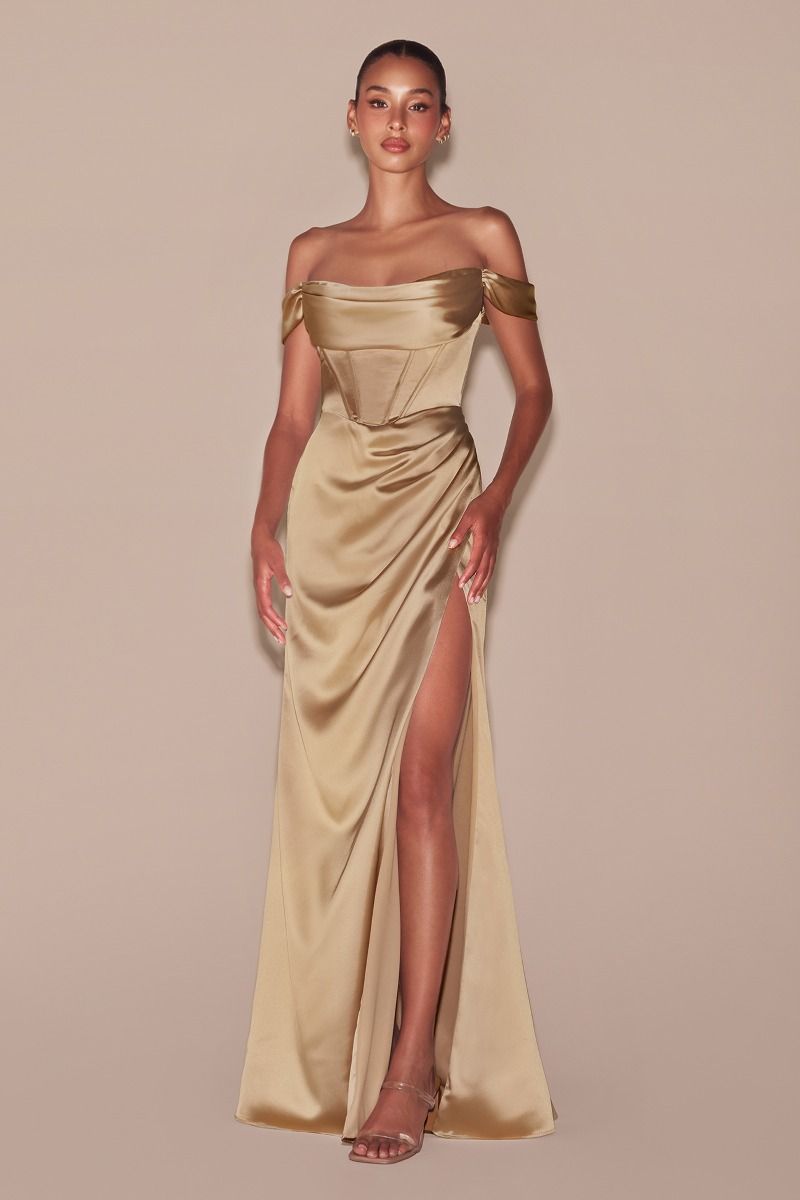 structured boned bodice is draped with a cowl neckline