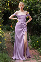 structured boned bodice is draped with a cowl neckline