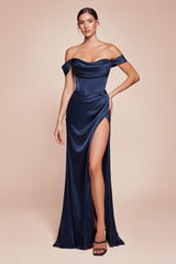 structured boned bodice is draped with a cowl neckline