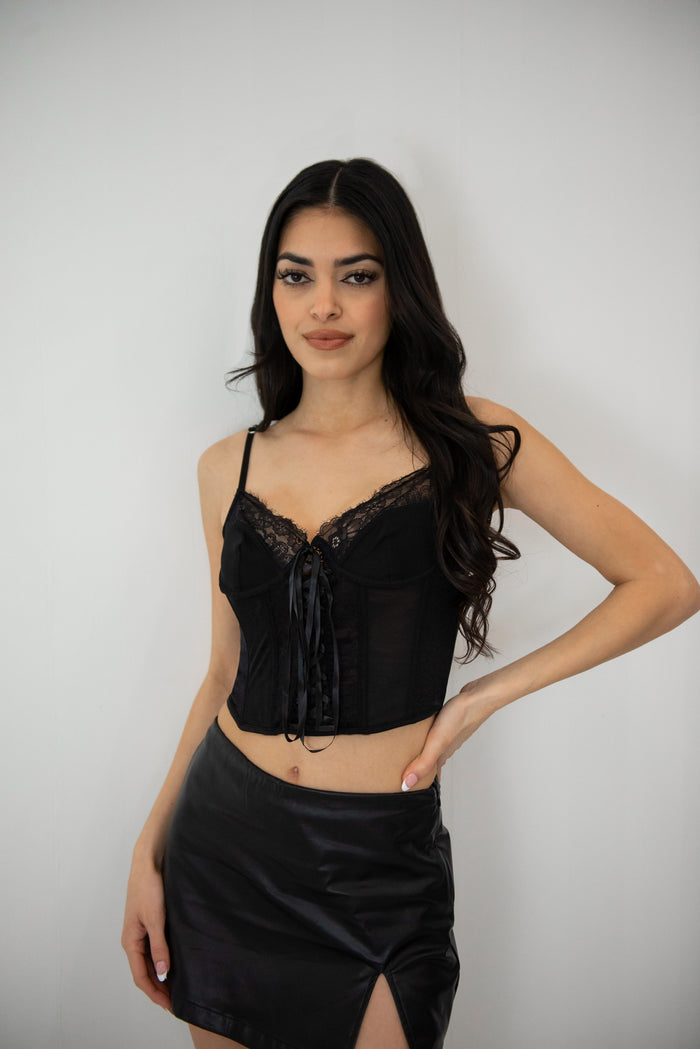 Cropped lace cami corset with satin ribbon