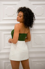 Strapless crochet corset with front clasp closures in forest green