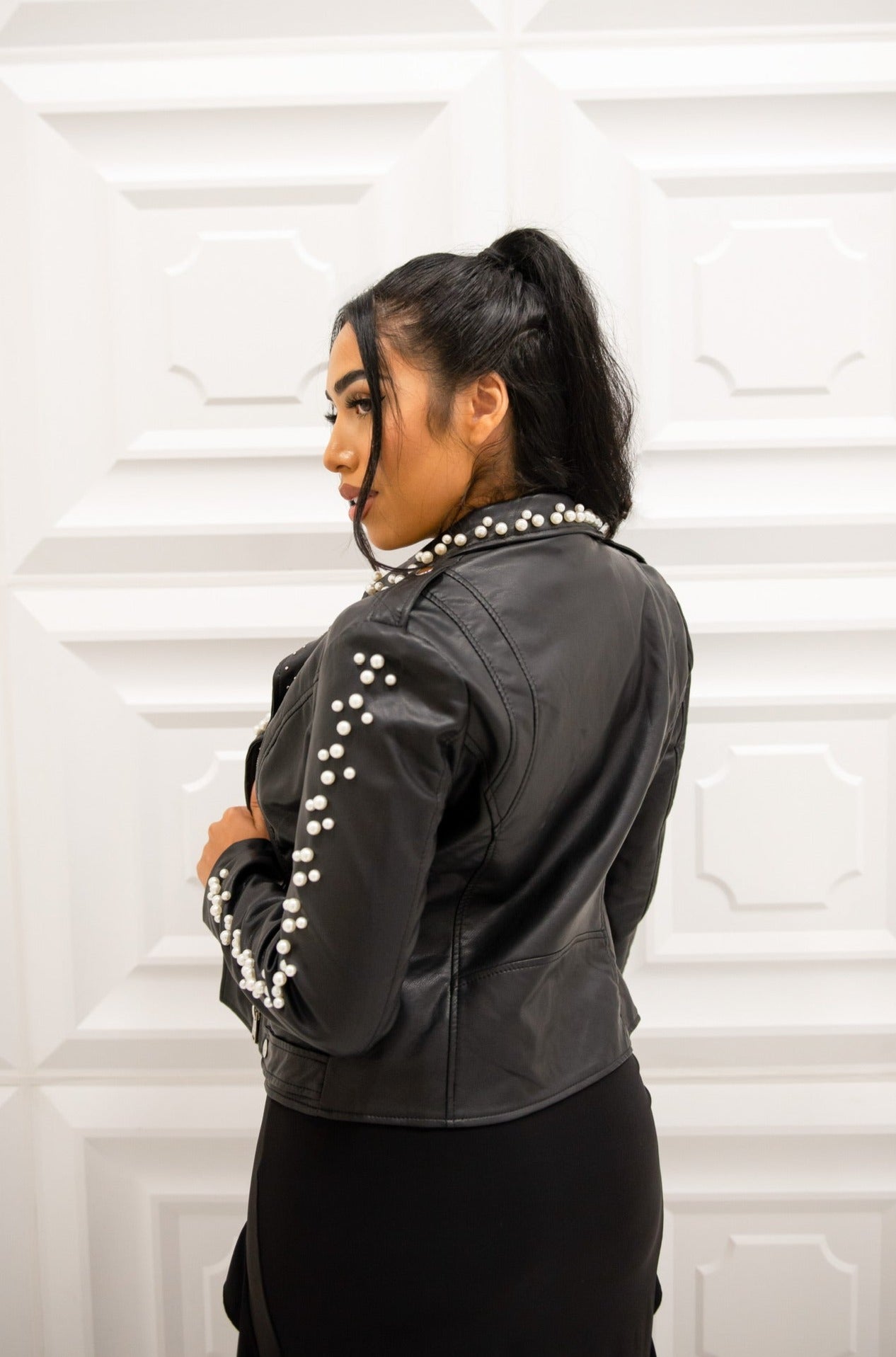 Leather jacket with pearl details