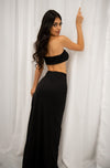 Strapless bandeu with gold metal detail and matching high slit maxi skirt