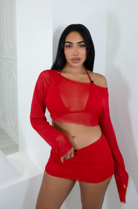 Mesh long sleeve crop top with matching bikini top and matching mini skort