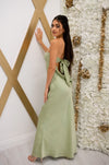 Strapless maxi dress with low open back and adjustable bow tie 