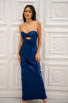 Strapless satin maxi dress with front twist cutout and adjustable tie open back