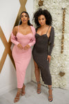 Ribbed low back midi dress with side slit, adjustable straps, and matching cardigan in pink and charcoal