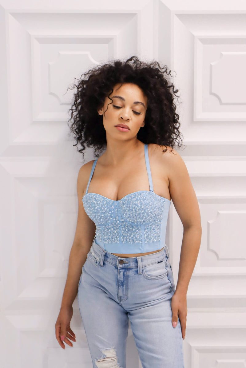 Beaded bustier with adjustable and detachable straps  in blue