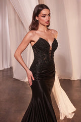 Strapless fitted corset maxi gown with lace and floral detail and side slit