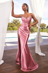 Strapless satin maxi gown with embellished details and side slit
