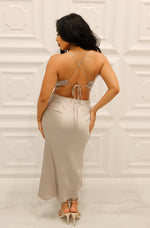 Satin maxi dress with open side cutout and adjustable tie in the back in grey
