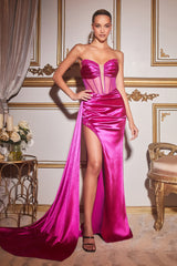 Strapless satin corset maxi gown with embellished detail, side slit, and tail