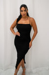 Ruched bodycon maxi dress with side slit, pearl details, and adjustable straps