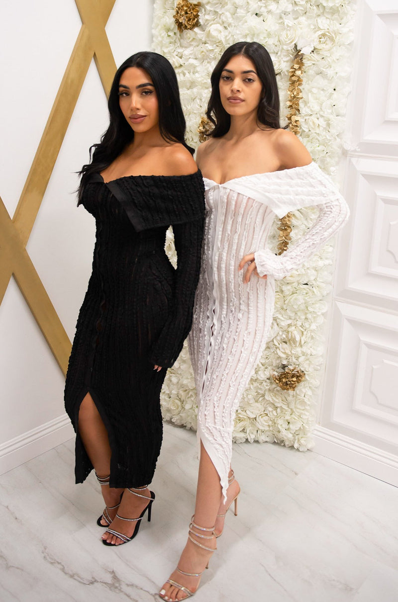 Off the shoulder mesh button down bodycon midi dress with ruffled details