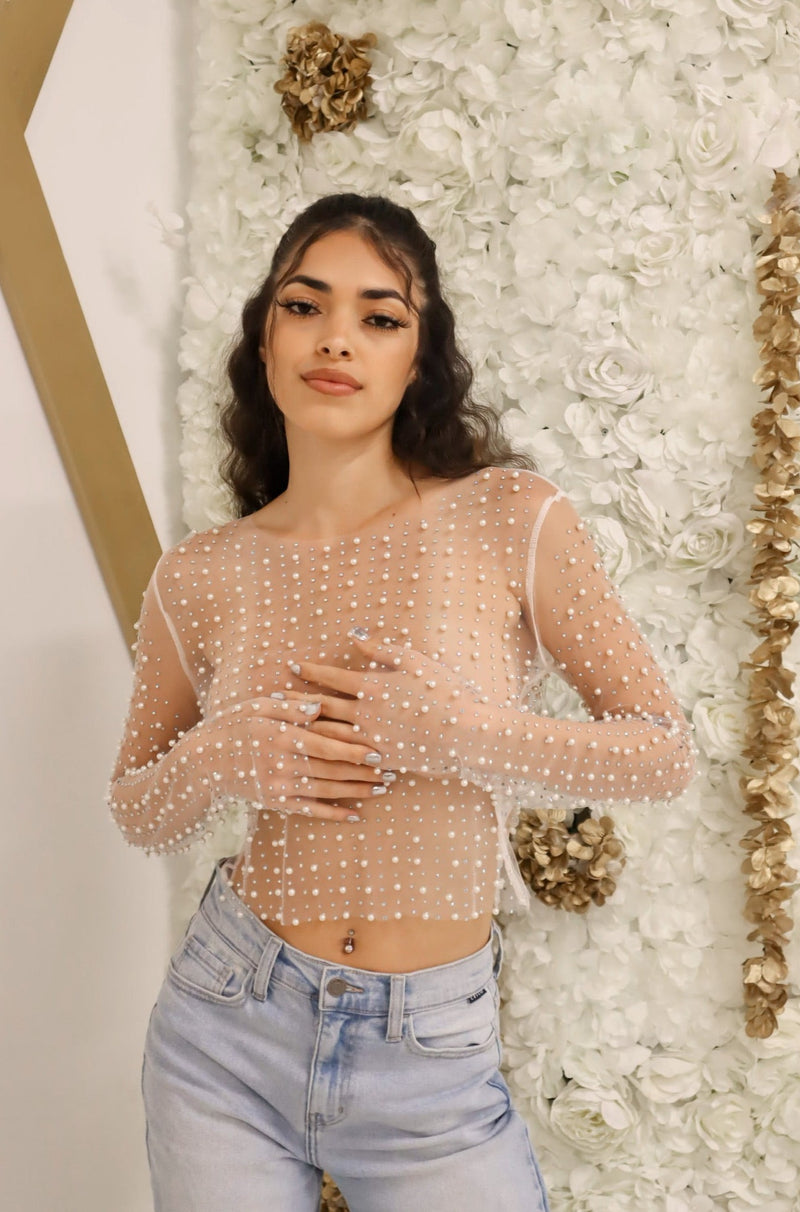 Sheer pearl and rhinestone long sleeve top in white