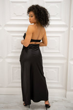 Strapless satin maxi dress with rhinestone details, adjustable back band, and low back
