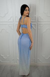 Open back ombre beaded sequins maxi dress with adjustable straps and midriff cutout