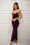Floral maxi dress with cowl neck, adjustable criss cross front corset and adjustable straps
