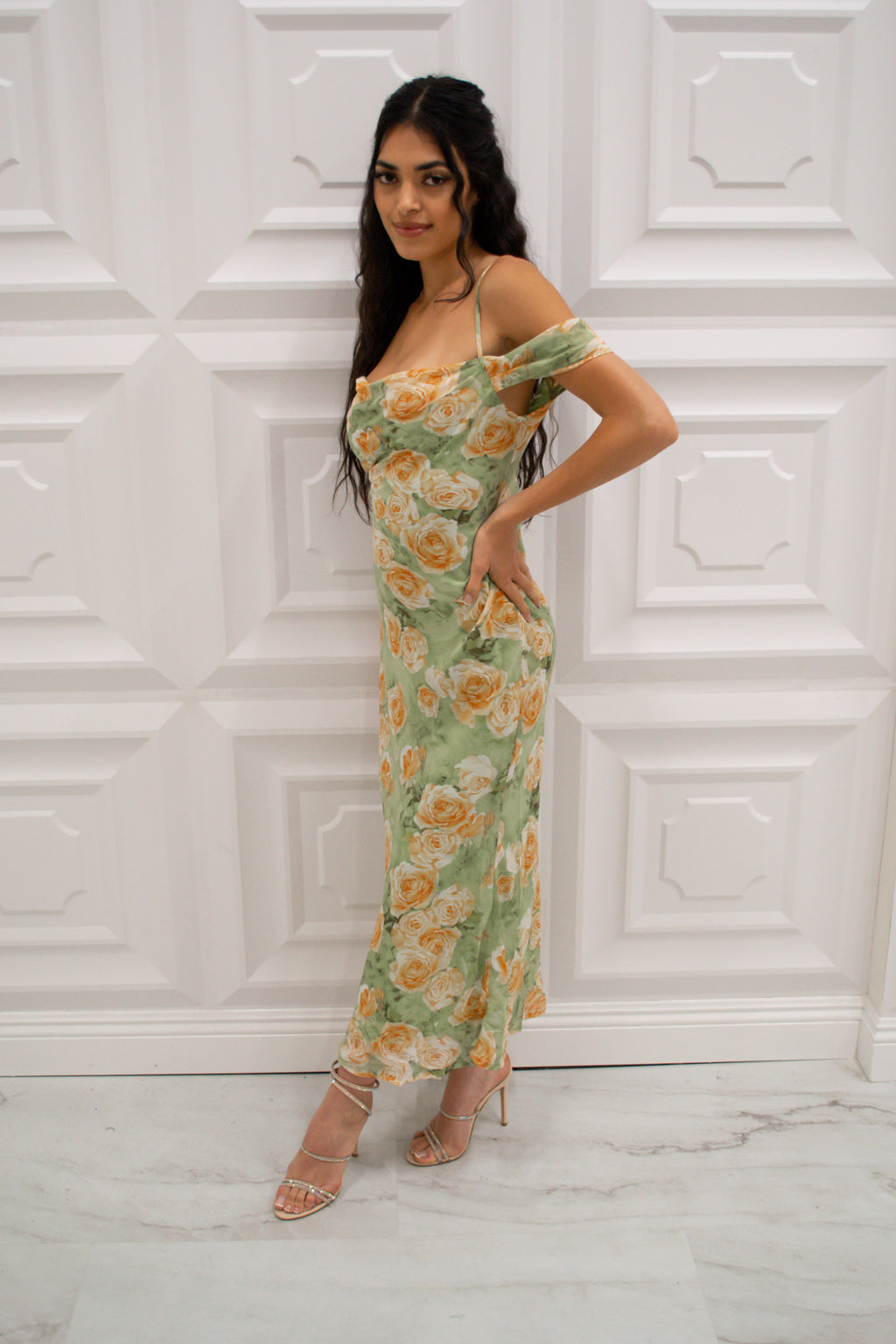 Floral off the shoulder maxi dress in sage