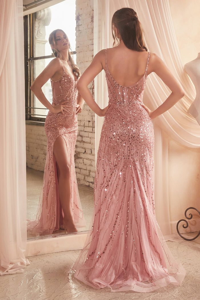 Sequin maxi gown with sewed-in mesh corset detail and side slit
