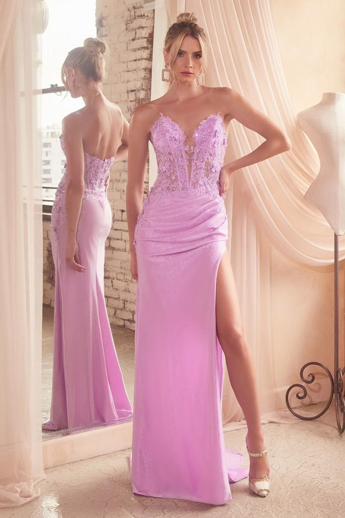 Strapless fitted corset maxi gown with lace and floral detail and side slit