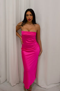Strapless satin maxi dress with elastic band and curtain back