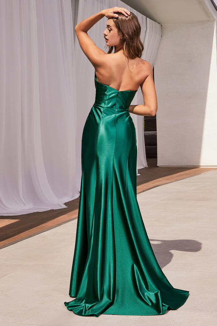 Strapless satin maxi gown with embellished details and side slit