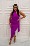 Halter bodycon ruched midi dress with attached neck scarf