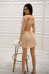 Long mesh sleeve backless flowy mini dress with adjustable drawstring back, and adjustable straps