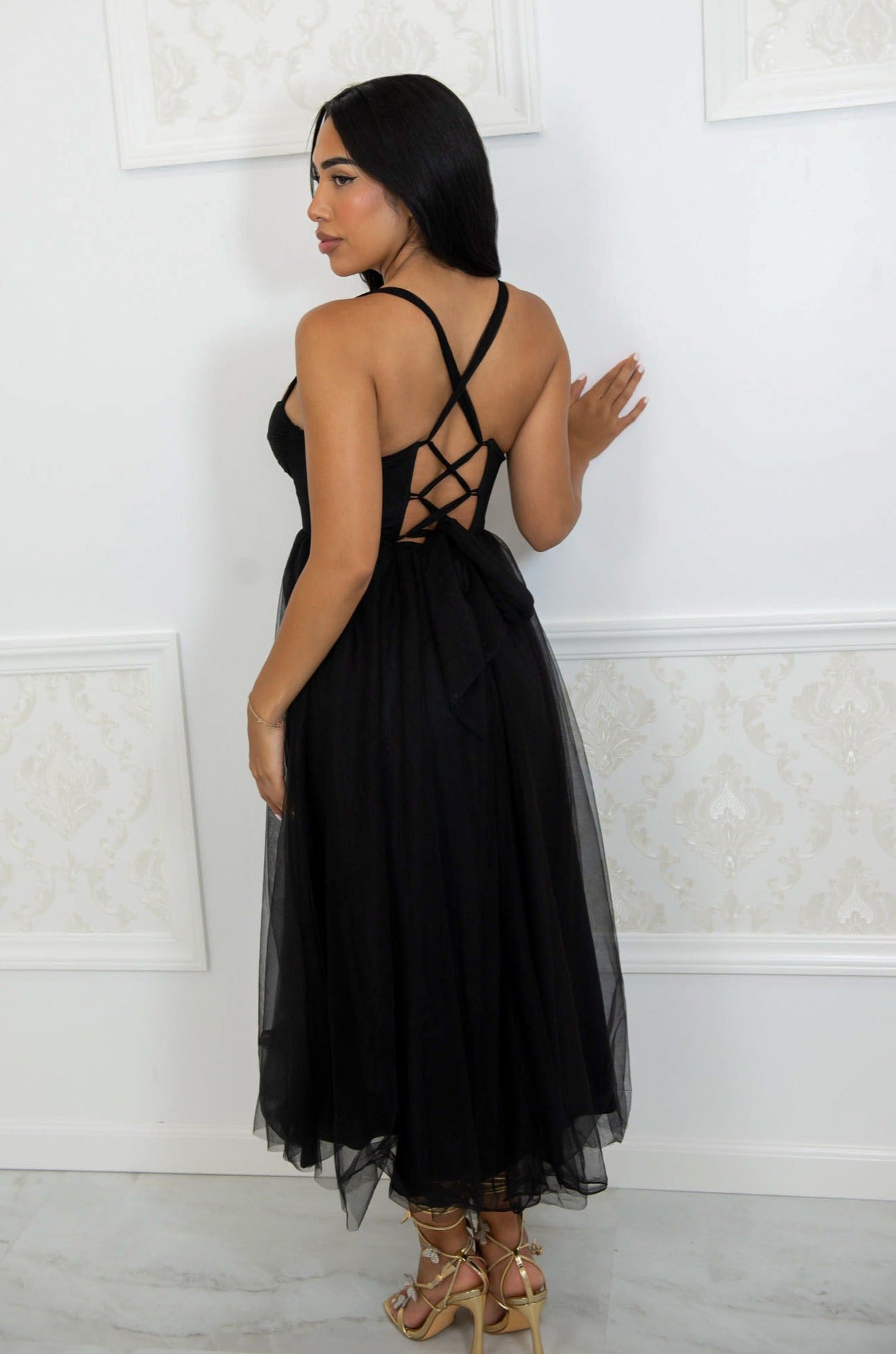 Tulle midi dress with adjustable cross back