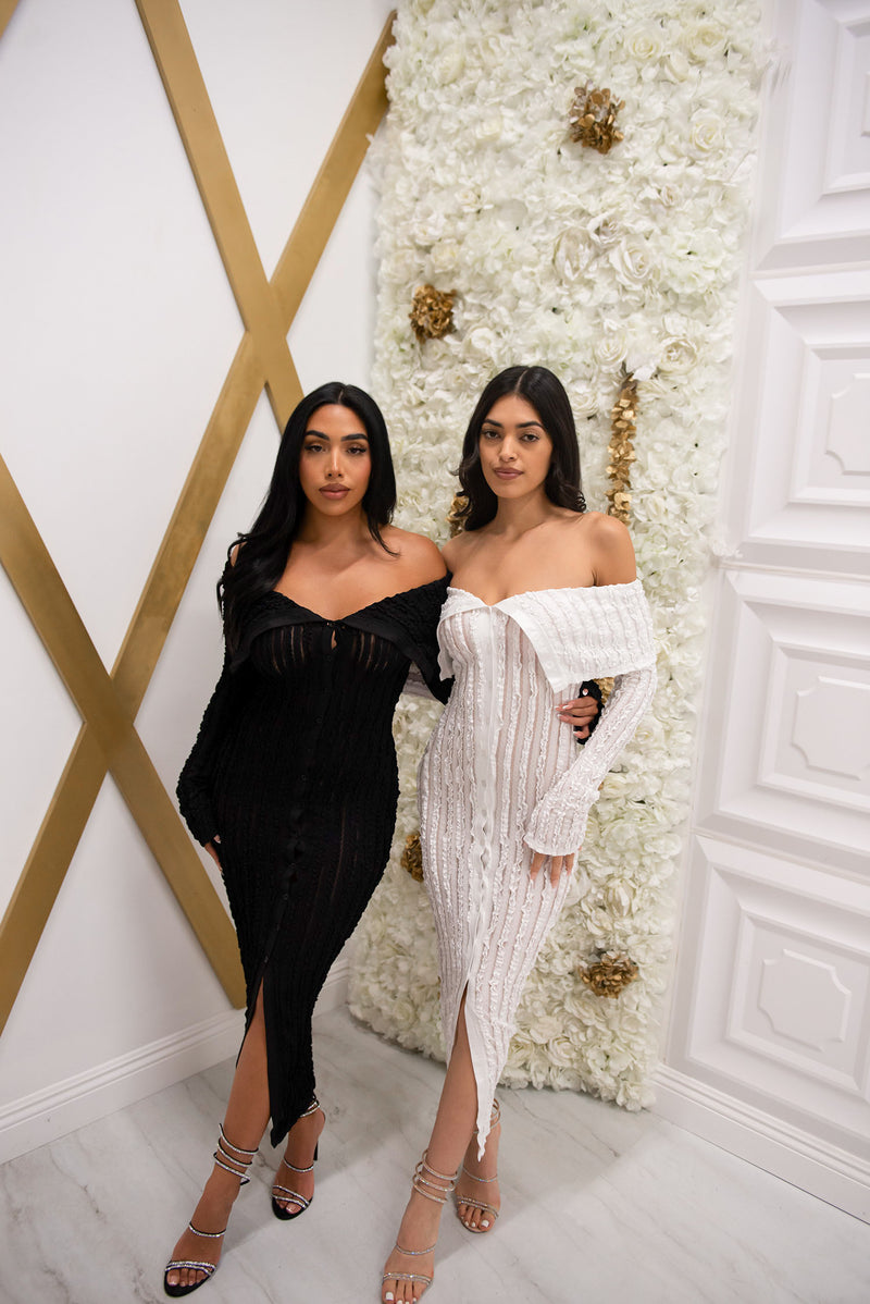 Off the shoulder mesh button down bodycon midi dress with ruffled details