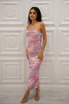 Strapless tie dye ruched bodycon midi dress with back slit and built-in corset in pink