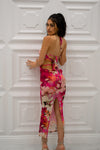 Floral print midi dress with open back, adjustable ties and back slit in pink