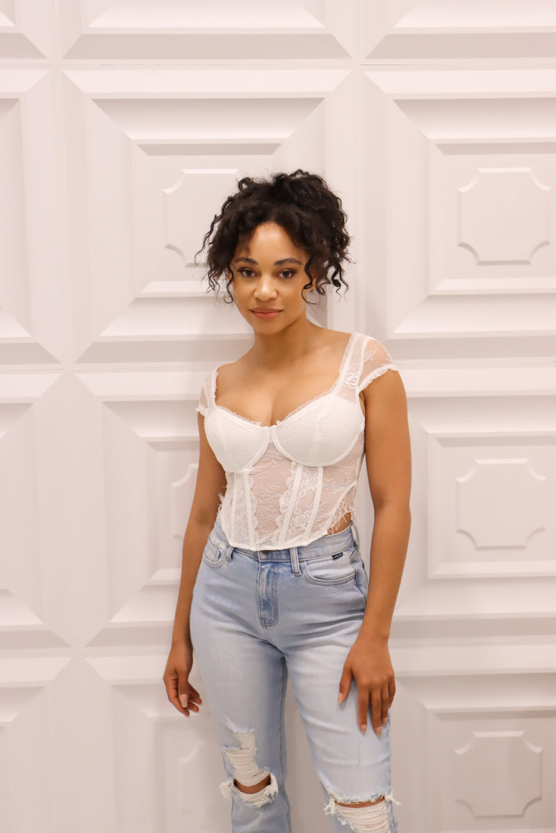Lace cropped corset with back clasp closure in white