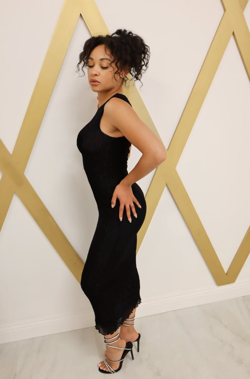 Mesh midi dress with lining in black